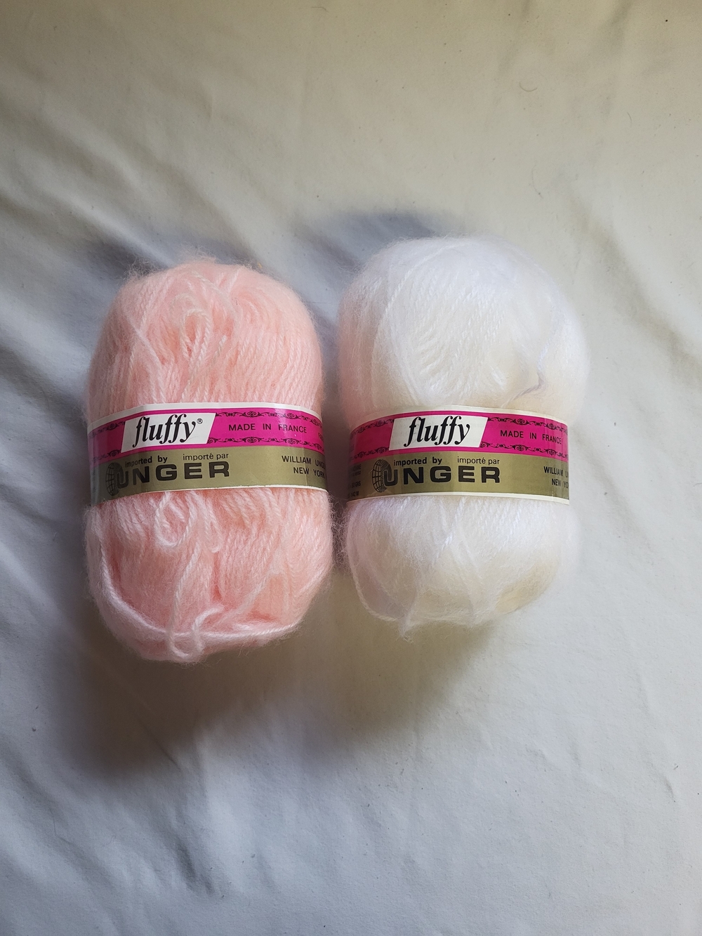 Unger Yarn Fluffy 100% Acrylic, Made In France, Pink And White Lot Of 2
